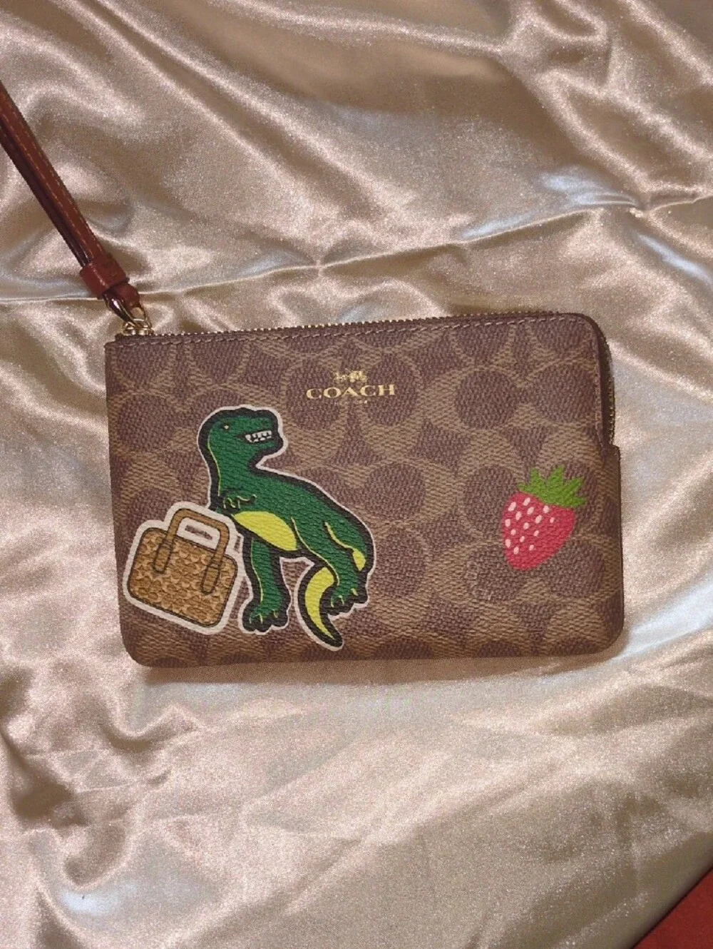 Coach Brown Signature Wristlet Pouch with Green Dino and Red Strawberry